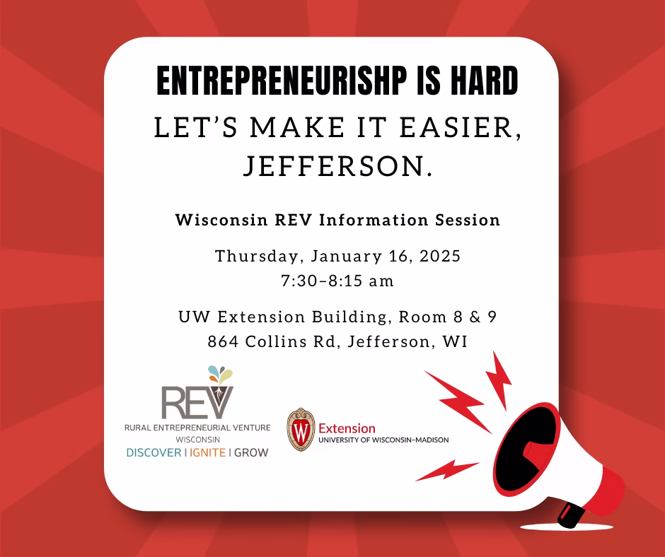 A graphic with information about the Wisconsin REV Information Session on Thursday, January 16th