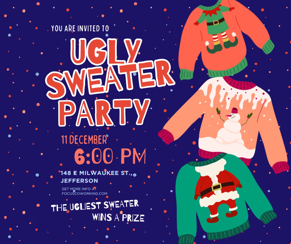 Dark Blue Red Green Funny Illustration Ugly Christmas Sweater Party Flyer (Facebook Post) A graphic of three ugly christmas sweaters