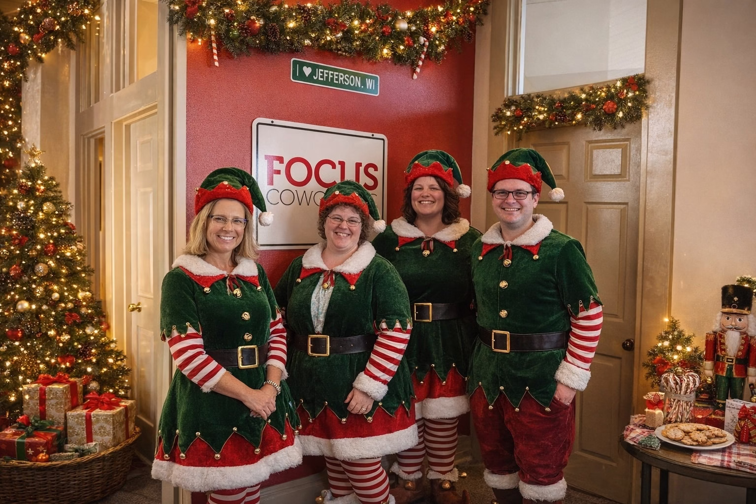 A photo of the FOCUS Coworking team in silly holiday elf outfits.